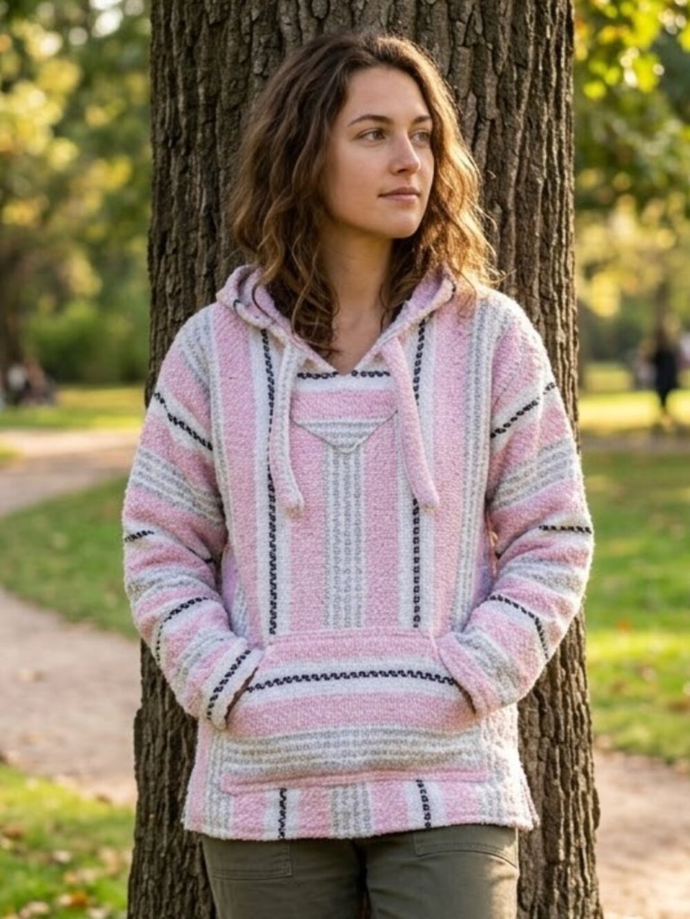 Earth Ragz Baja Poncho Mexican Hoodie Pullover Rug Pink Black Gray Women Small